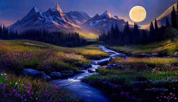 A mountain meadow with wildflowers at night lit by the Moon 35x20a artsism • Shops