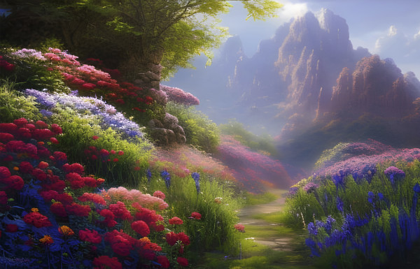 Fabulous romantic landscape with flowers and mountains in the distance
