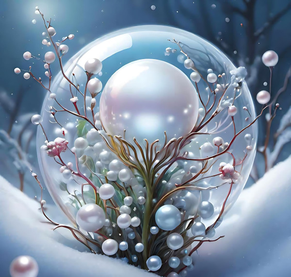 Хрустальный шар, жемчуг, снег, зима, глубина, спокойствие, волшебство.