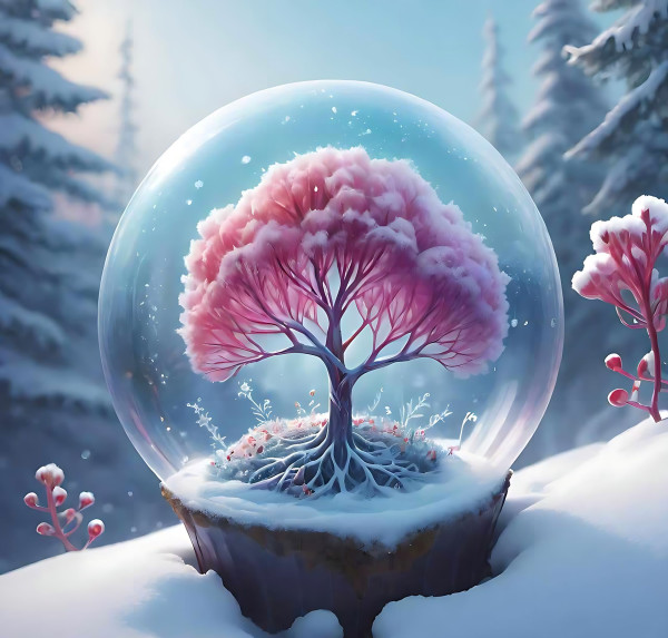 Хрустальный шар, цветущая сакура, снег, розовый, спокойствие, безмятежность.